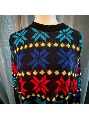 Arielle Vintage 80s Colorblock Star Sweater Women's XL Black Pullover